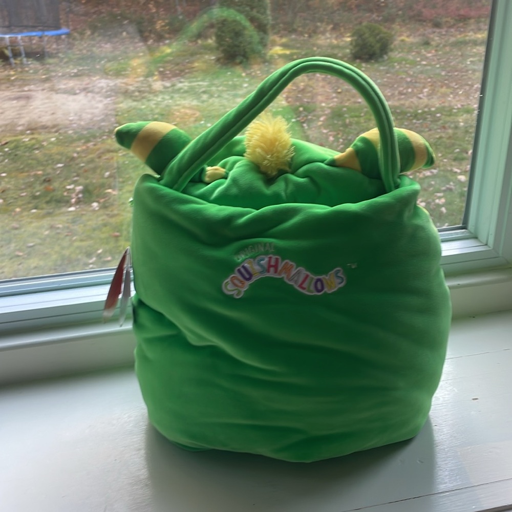 Green monster squishmallow Halloween treat bag. Callum